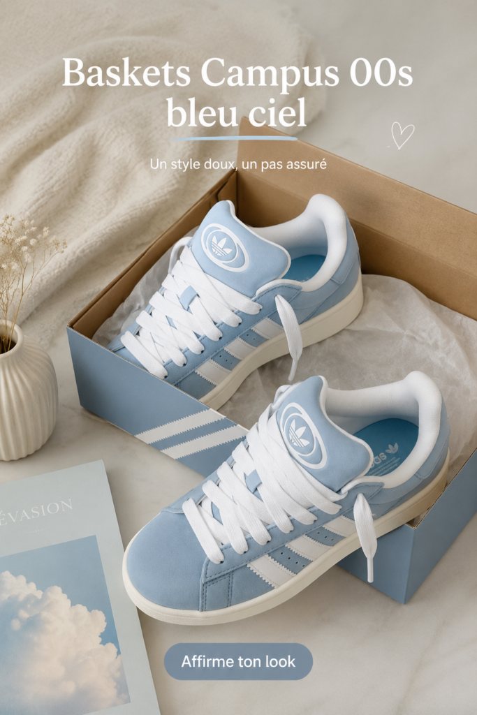 Baskets Adidas Campus bleu ciel sur un fond neutre