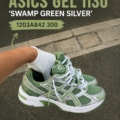 Baskets ASICS Gel 1130 'Swamp Green Silver' sur fond neutre