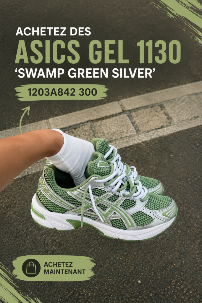Baskets ASICS Gel 1130 'Swamp Green Silver' sur fond neutre