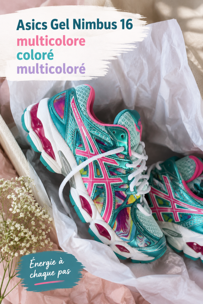 Une paire de chaussures de course Asics Gel Nimbus 16 multicolores sur fond blanc