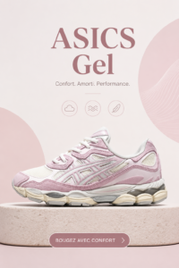 Chaussures ASICS Gel-NYC Cream Rose Water sur un fond blanc, mettant en valeur leur design élégant.
