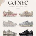 Chaussures Asics GEL-NYC stylées sur un fond urbain