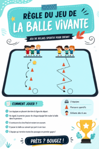 Des enfants jouant à la balle vivante dans un parc, riant et courant ensemble.