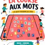 Enfants jouant à la course aux mots dans un parc, chacun courant avec des mots.