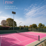 Un court de tennis rose moderne dans un jardin élégant