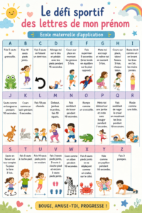Une activité sportive colorée avec des enfants s'amusant autour de leurs prénoms.
