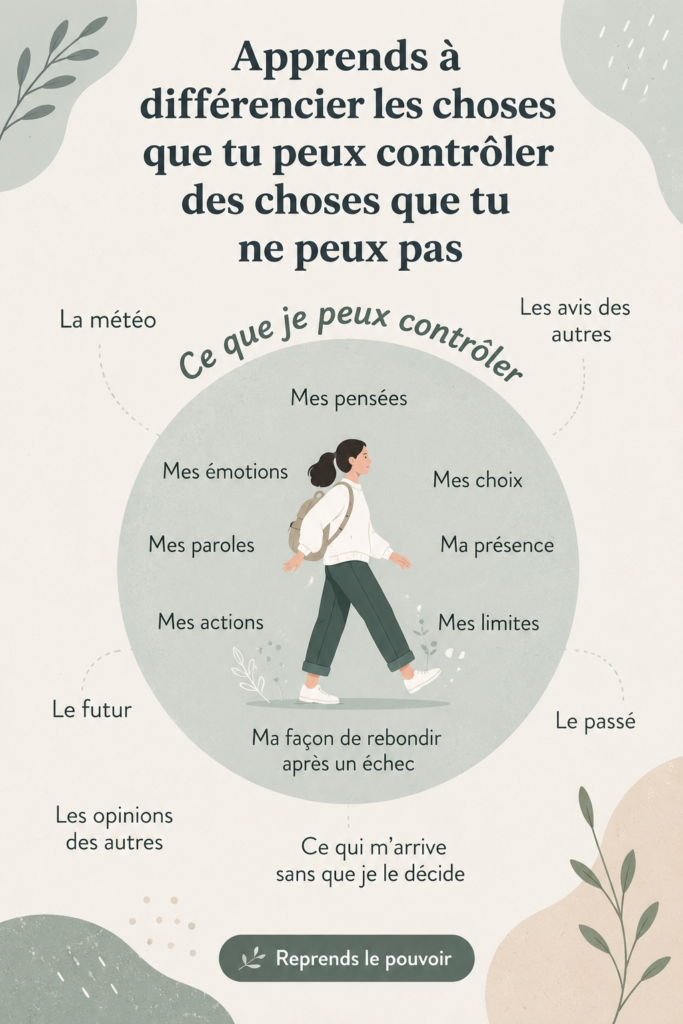 Femme méditant dans un parc, apprenant à gérer ce qu'elle peut contrôler dans sa vie.