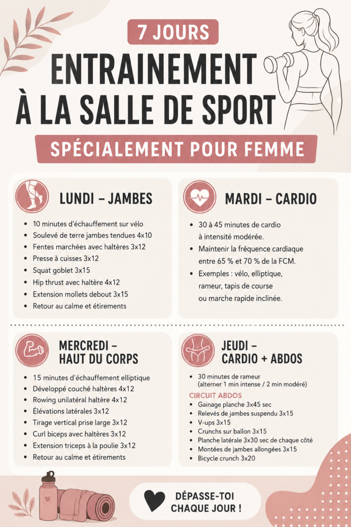 Femme s'entraînant en salle avec des poids pour un programme de fitness adapté.