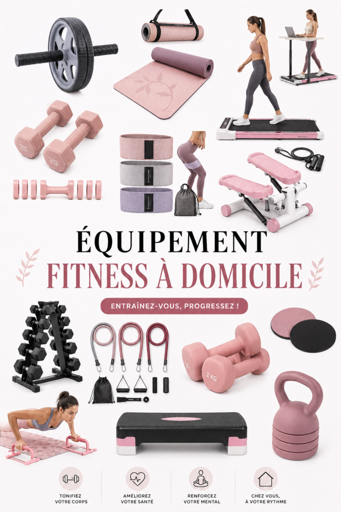 Femme faisant un entraînement à domicile avec des haltères et un tapis de yoga.