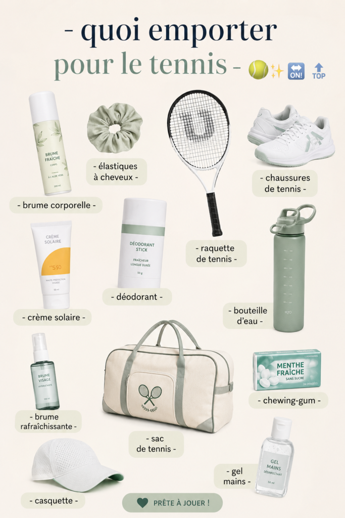 Femme préparant son sac de tennis avec les éléments essentiels.