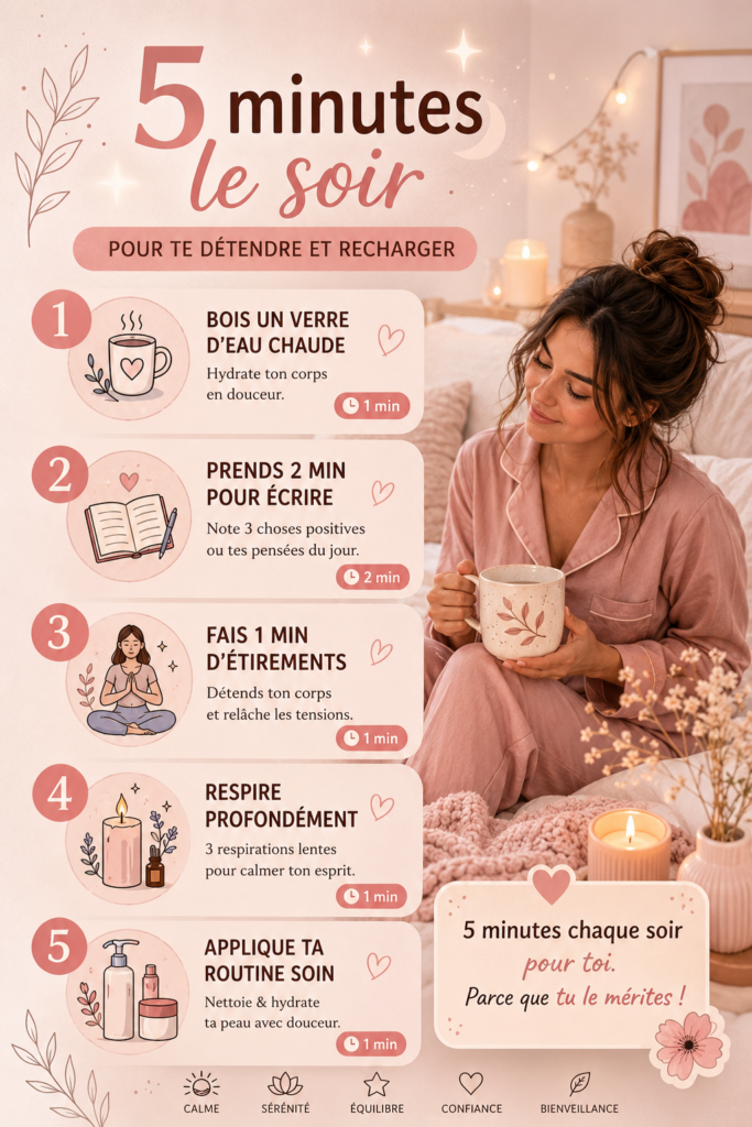 Image d'une femme se relaxant avec une tasse de thé le soir.