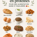 Assortiment de 12 aliments variés riches en protéines sur une table