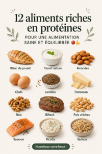 Assortiment de 12 aliments variés riches en protéines sur une table