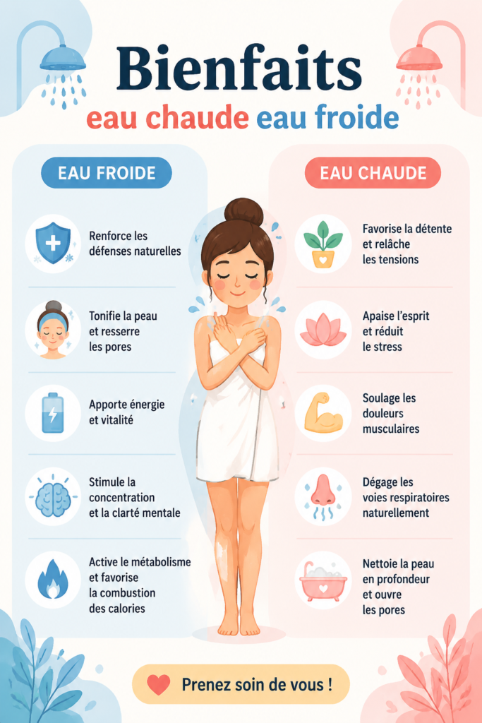 Image d'un verre d'eau chaude et d'un verre d'eau froide, illustrant les bienfaits des deux.