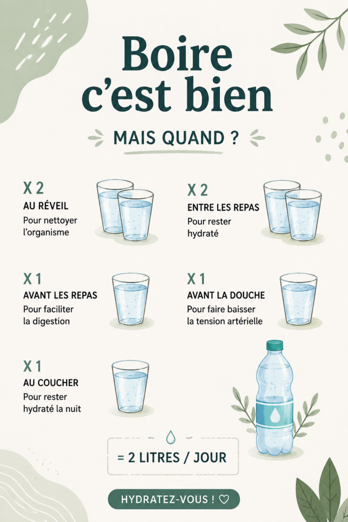 Bouteille d'eau au bord d'une table avec des fruits frais et des herbes, symbole d'hydratation saine.