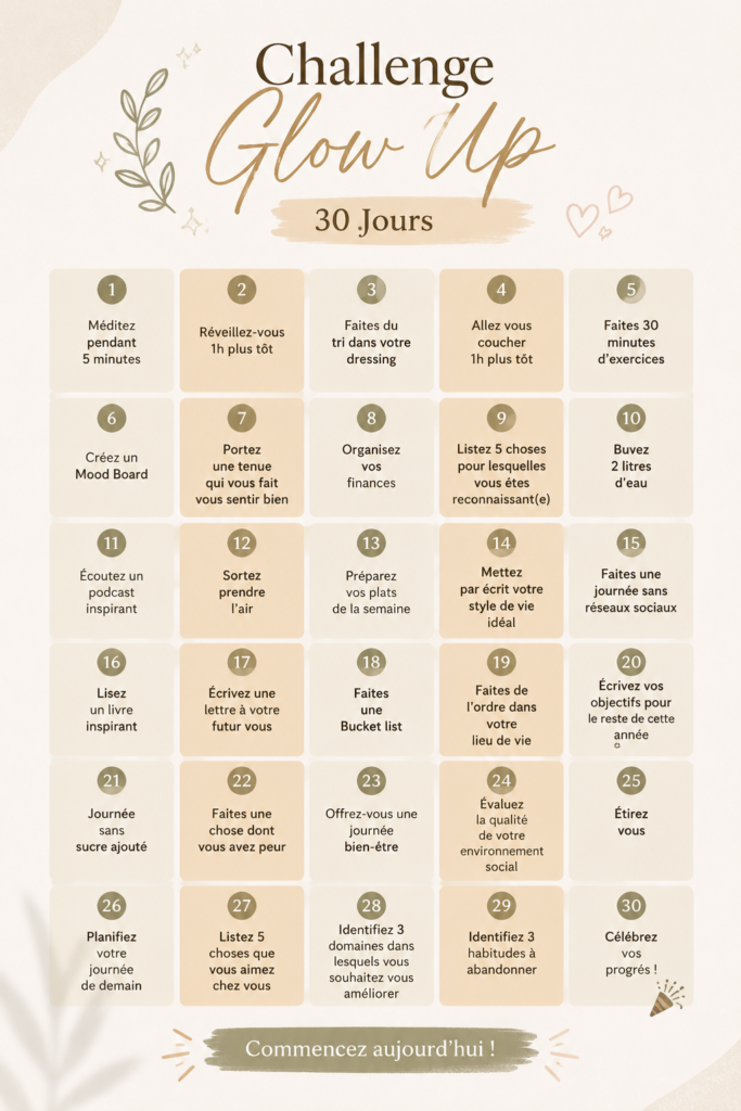 Femme heureux en train de suivre son challenge glow up de 30 jours.