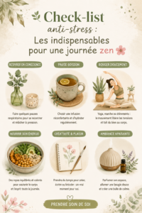 Check-list anti-stress avec éléments pour une journée zen
