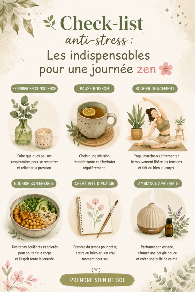 Check-list anti-stress avec éléments pour une journée zen