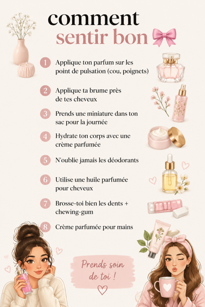 Femme souriante avec un parfum dans la main, prête à se parfumer.