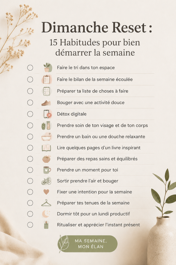 Femme préparant sa semaine durant un dimanche reposant, avec un carnet et une tasse de thé.