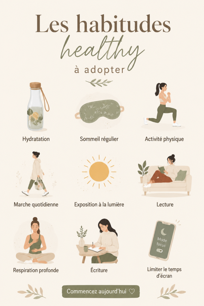 Une femme active adoptant des habitudes saines au quotidien.