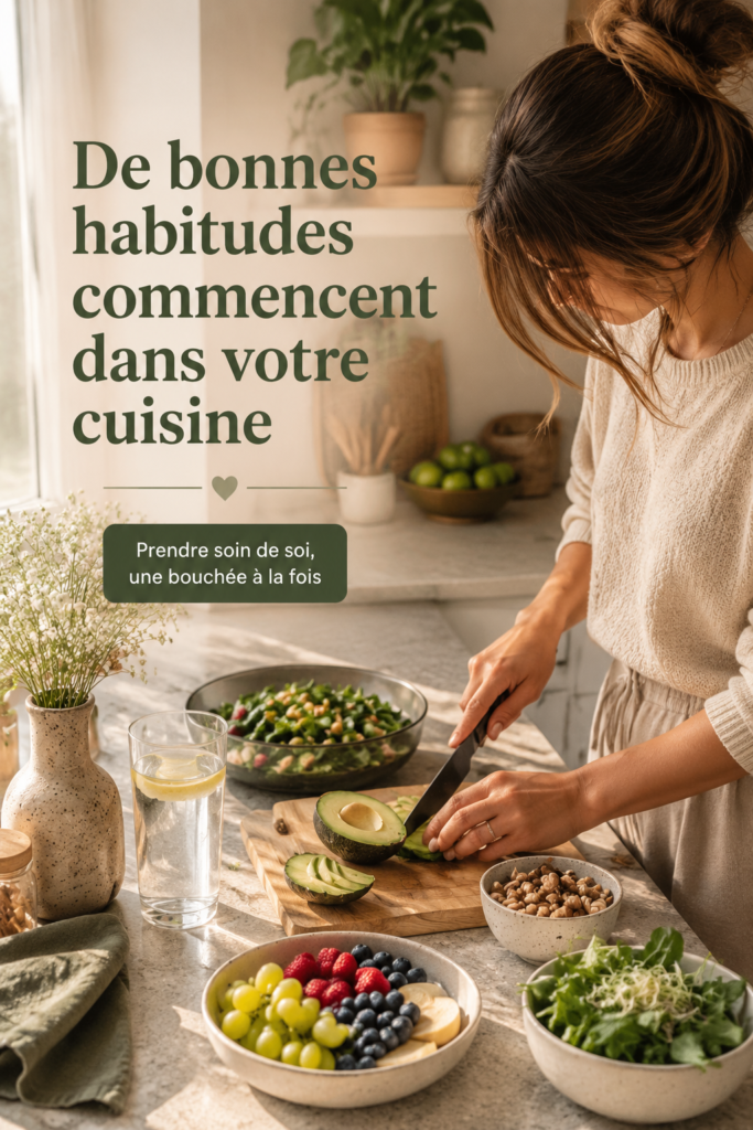 Une cuisine moderne et accueillante avec des ingrédients sains sur le plan de travail.