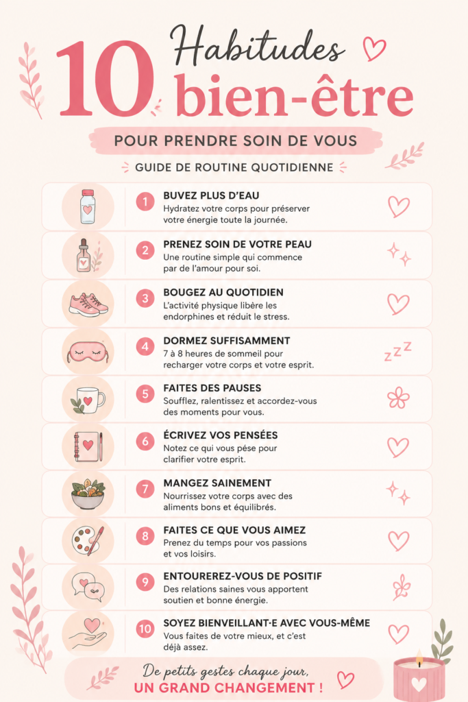 Femme souriante pratiquant des soins personnels quotidiens dans un cadre apaisant.