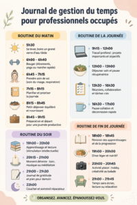Carnet de gestion du temps ouvert sur une table, entouré de matériel de bureau