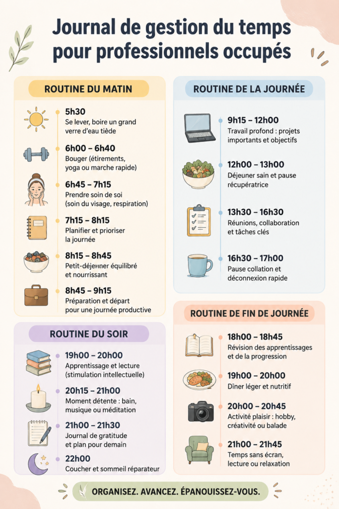 Carnet de gestion du temps ouvert sur une table, entouré de matériel de bureau