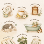 Un ensemble d'objets de bien-être pour une routine self-care dominicale, comprenant un bougie et des soins pour le visage.