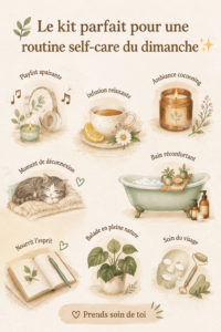 Un ensemble d'objets de bien-être pour une routine self-care dominicale, comprenant un bougie et des soins pour le visage.
