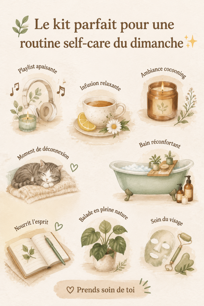 Un ensemble d'objets de bien-être pour une routine self-care dominicale, comprenant un bougie et des soins pour le visage.
