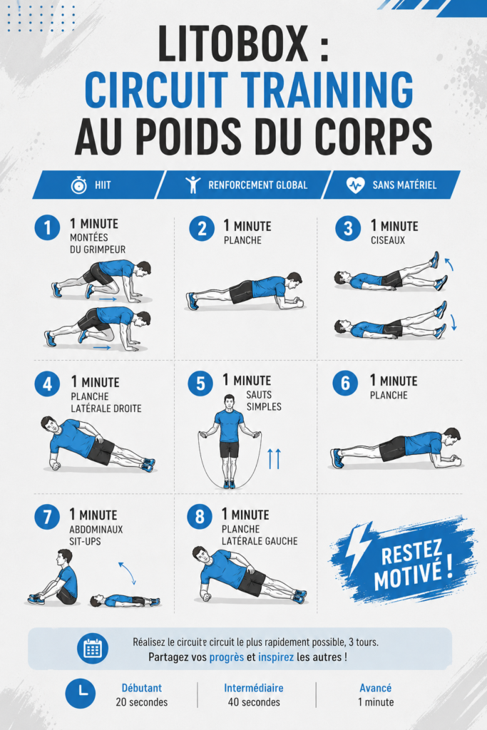 Femme s'exerçant à un circuit training au poids du corps avec Litobox, dans un cadre chaleureux et motivant.