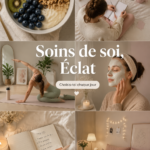 Femme heureuse, entourée d'objets de bien-être, symbolisant le glow up