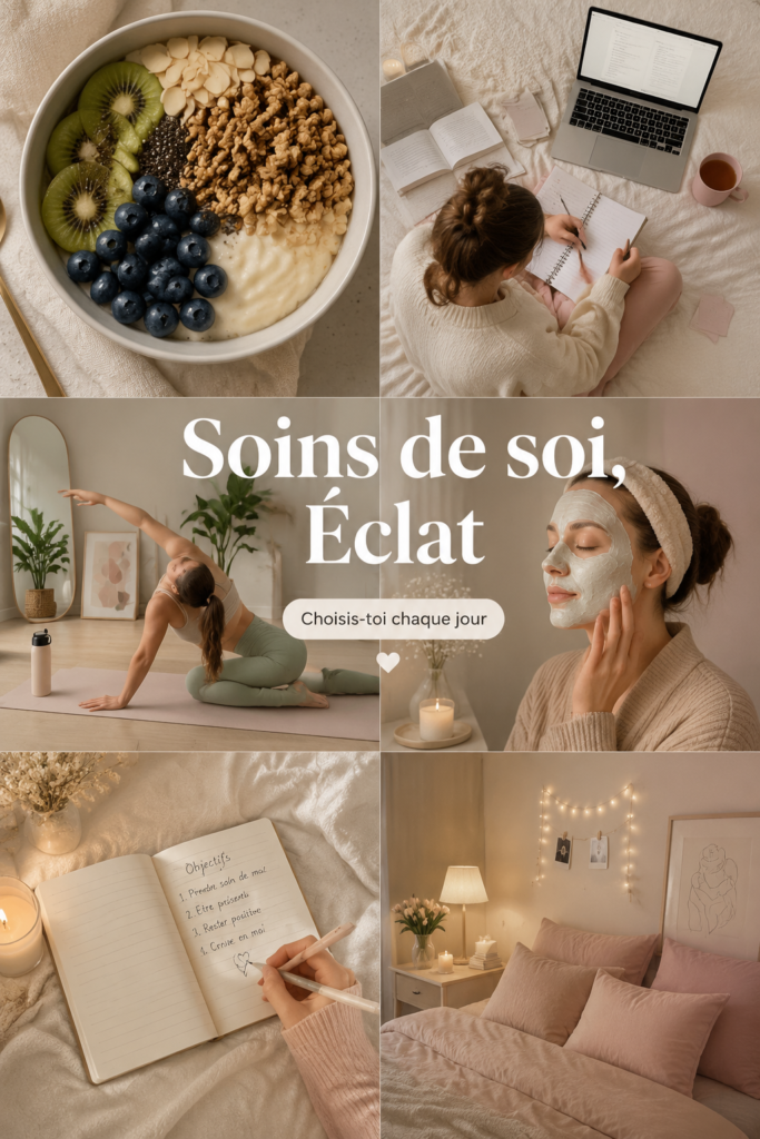 Femme heureuse, entourée d'objets de bien-être, symbolisant le glow up