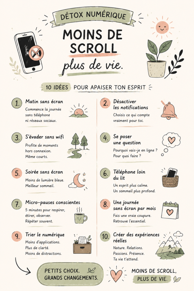 Femme contemplant son environnement sans smartphone, symbolisant la réduction du scrolling
