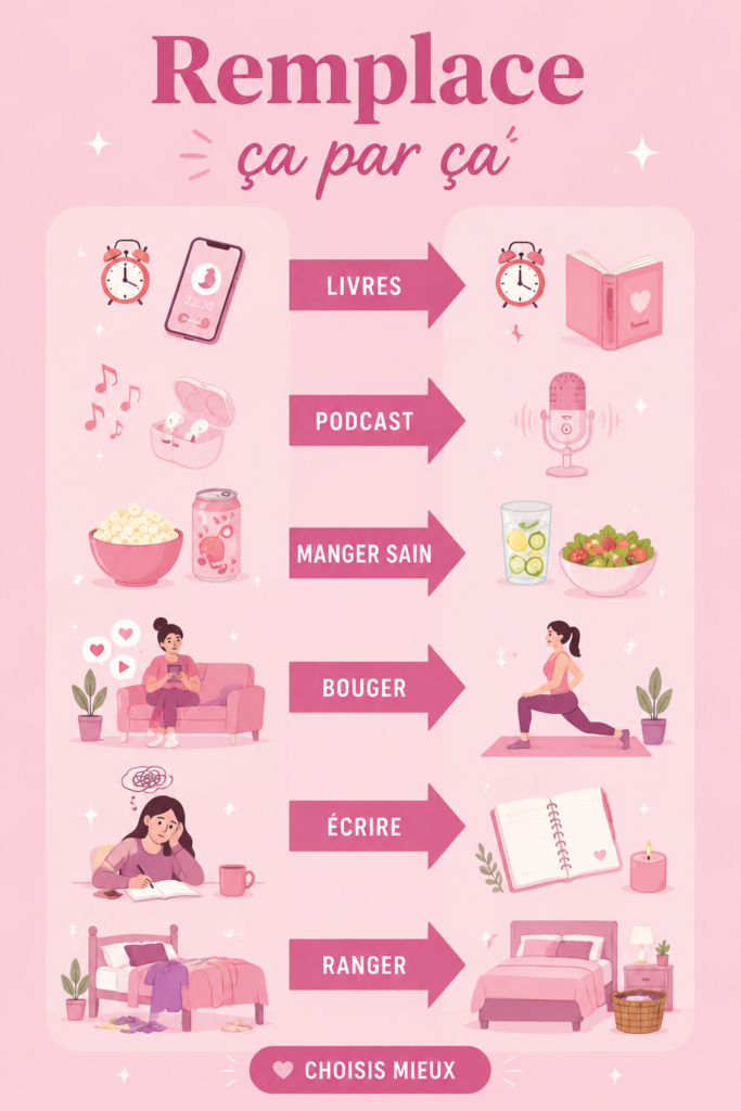 Femme heureuse découvrant des remplacements simples pour son quotidien.