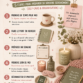 Femme souriante en train de planifier sa semaine sur un carnet, entourée de tasses de thé et de fleurs.