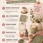 Femme souriante en train de planifier sa semaine sur un carnet, entourée de tasses de thé et de fleurs.