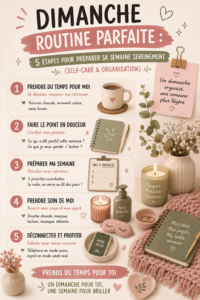 Femme souriante en train de planifier sa semaine sur un carnet, entourée de tasses de thé et de fleurs.