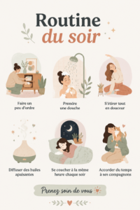 Femme relaxée savourant un moment de calme avant le coucher, entourée de bougies et de livres