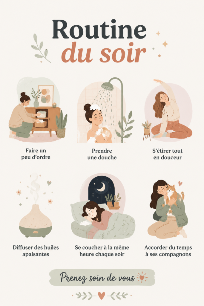 Femme relaxée savourant un moment de calme avant le coucher, entourée de bougies et de livres