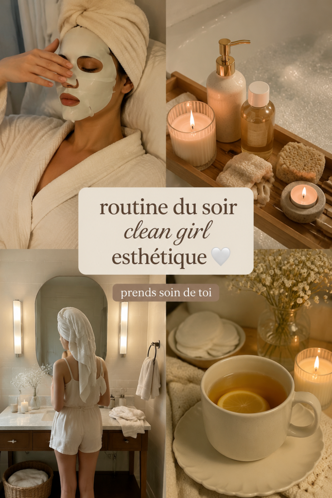 Femme appliquant des soins du visage dans une lumière douce le soir
