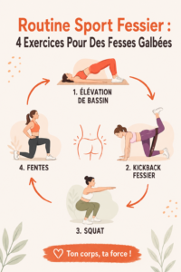 Femme en train de faire des exercices de fessiers à la maison, illustrant une routine sportive efficace.