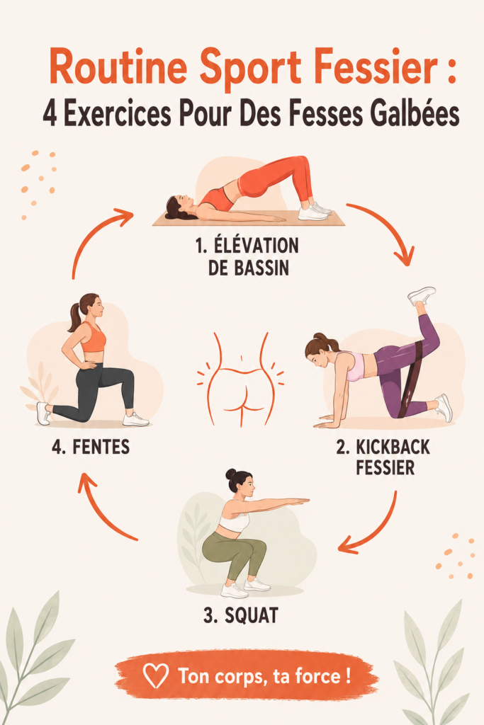Femme en train de faire des exercices de fessiers à la maison, illustrant une routine sportive efficace.