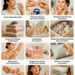 Femme souriante utilisant un parfum dans une routine quotidienne.