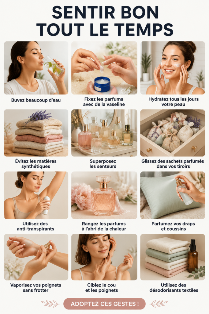 Femme souriante utilisant un parfum dans une routine quotidienne.