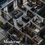 Un aménagement moderne d'une maison avec garage et terrasse en bois