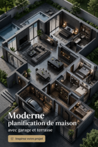 Un aménagement moderne d'une maison avec garage et terrasse en bois