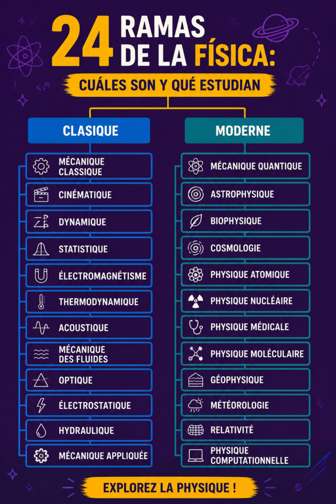 Illustration des 24 branches de la physique avec un système solaire en arrière-plan.